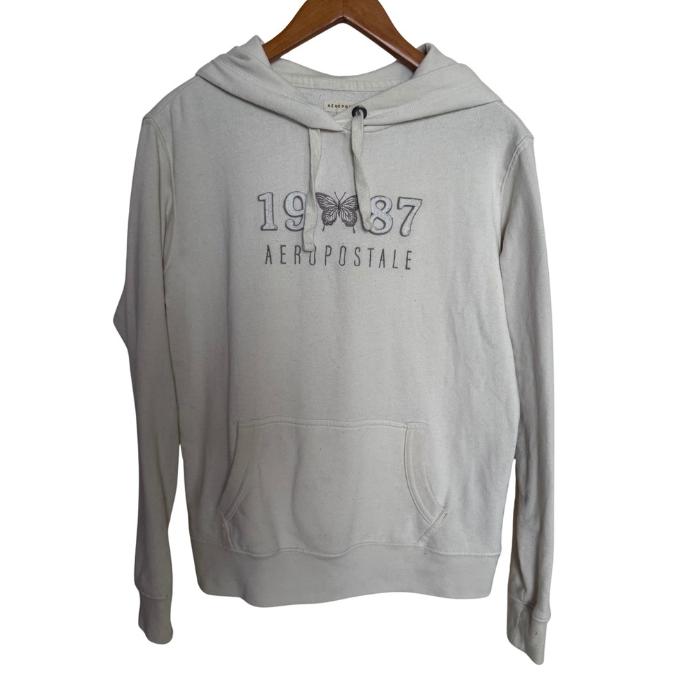 Aeropostale Y2K Women Cream Butterfly 1987 Graphic Hoodie Sweatshirt Size S